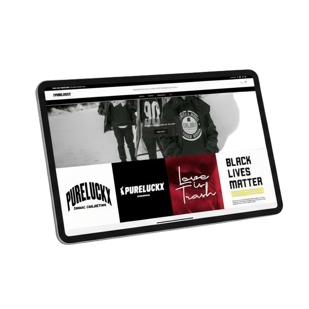 Tablet displaying a website with 'PURELUCKX' branding on a gray background